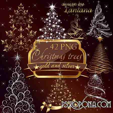 Free Clipart png for Photoshop - Gold and silver Christmas fir tree png images  ( free png, download )