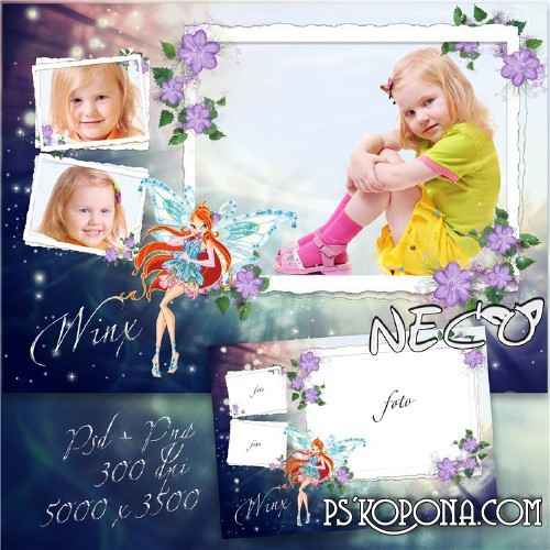 Children in the frame with the Winx fairy Bloom to three photos