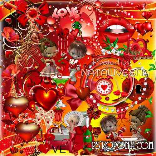 Clipart in PNG - Romantic hearts, dolls and bows
