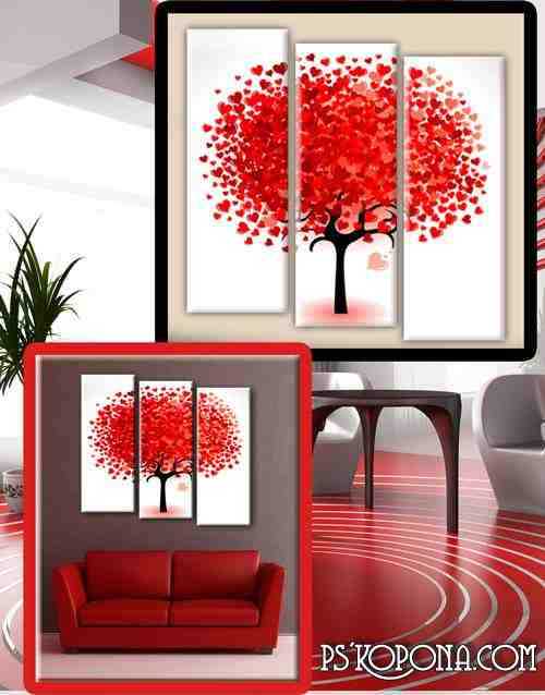 Triptych in psd format - tree with hearts, love, romance, love tree