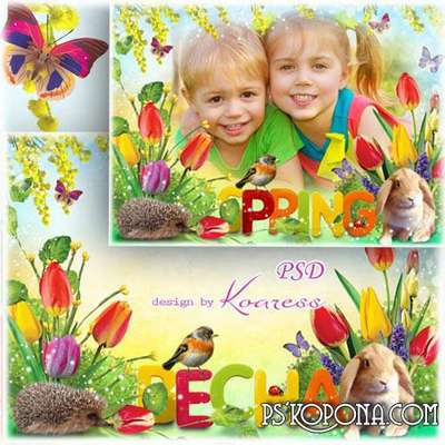 Photo framework with bright flowers and animals - Spring Photo framework with bright flowers and animals - Spring