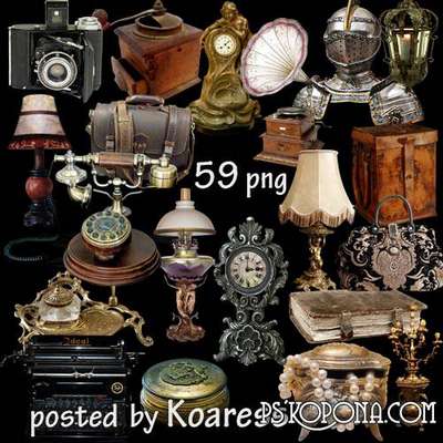 59 PNG images Cameras, lamps, lights, gramophone, candlesticks and other old and vintage items in png format for design images on transparent background