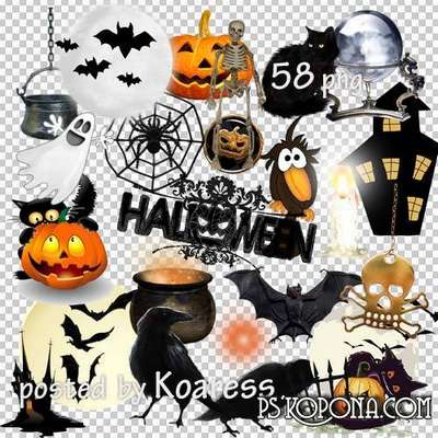 PNG clipart Halloween - ghosts, cats, skeletons, crows and pumpkins on transparent background