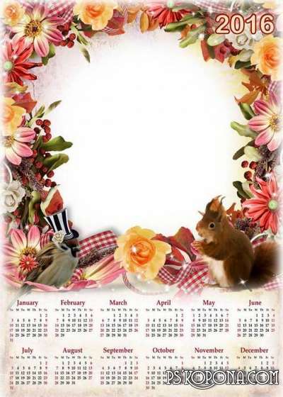 psd calendar with a frame for a photo with autumn leaves and flowers