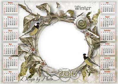 Free 2016 calendar template psd with photo frame winter birds - Free download Free 2016 calendar template psd with photo frame winter birds - Free download