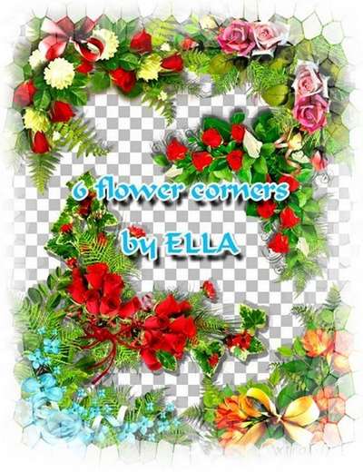 PSD, 6 PNG, floral corners for greeting cards, collages and frames in Photoshop