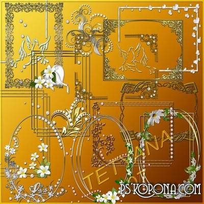 25 PSD, 25 PNG, decorative Frames and decorative elements for frames in silver and gold style with flowers and pearls