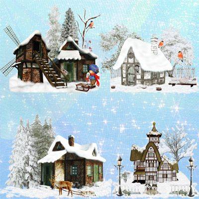 Winter houses in the snow, images on transparent background