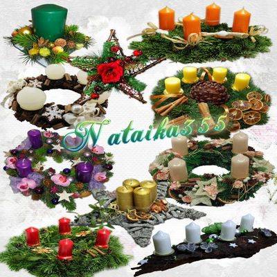 Clipart png + psd graphics for design - Christmas wreaths, Christmas Stars and wreaths with candles on a transparent background