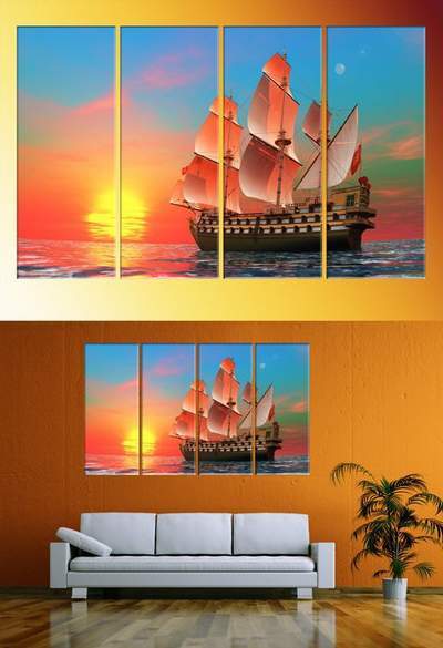 Polyptych, triptychs in psd format - Sailboat at sunrise, sunset at sea, sunrise