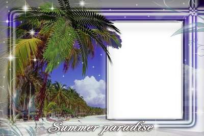 Sea frame with palm tree, parrot and ripe avocado - Happy moments of summer