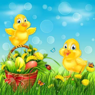 Easter layered PSD source - yellow chickens, butterflies, basket of flowers and Easter eggs