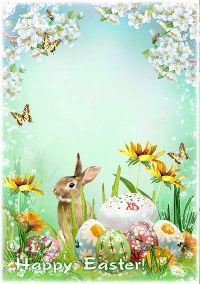 Spring photo framework with rabbit, eggs, easter cake - This Easter is a magic day Spring photo framework with rabbit, eggs, easter cake - This Easter is a magic day