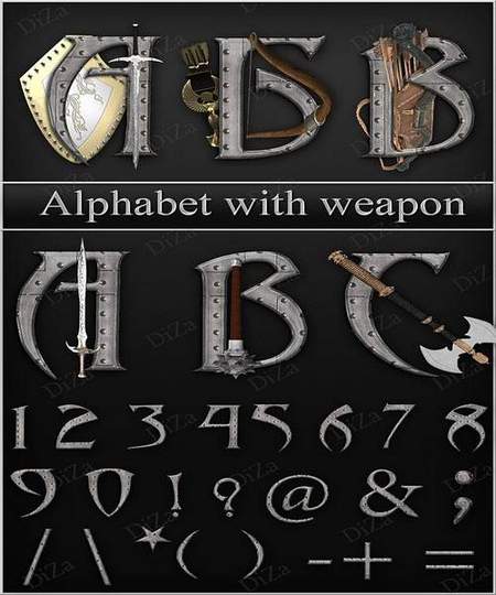 Alphabet, letters, numbers and punctuation Alphabet with ancient weapons. PNG with transparent background, latin, cyrillic.