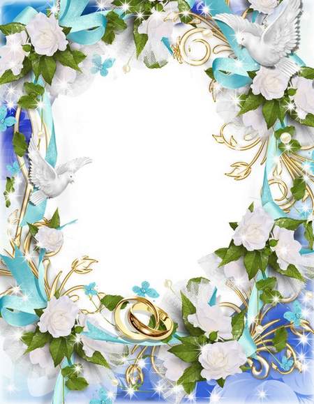 Blue wedding photo frame with doves, flowers and ribbons Blue wedding photo frame with doves, flowers and ribbons