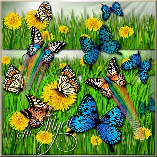 Free psd clipart - Green grass, flowers and butterflies