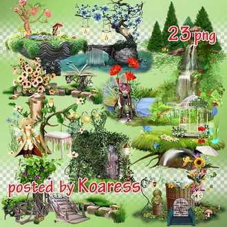 23 PNG Elements of fairy glades, fabulous house, glade, forest, lake, waterfall with transparent background