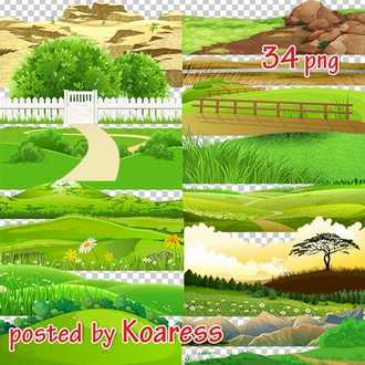 Drawn Landscape Elements, 34 transparent PNG images for design