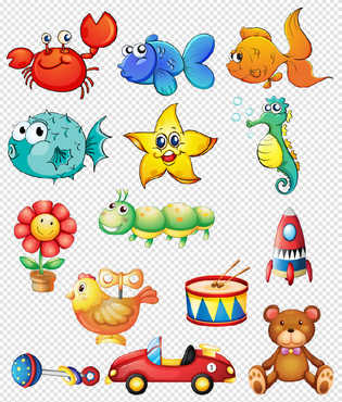 PSD, PNG, sea fish and childrens toys, clipart on transparent background