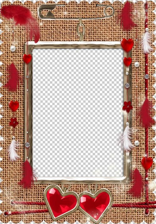 Love photo frame PSD and PNG format Red hearts, pin and feathers