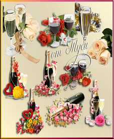 Champagne, with roses, in wine glasses, PNG images, PSD file