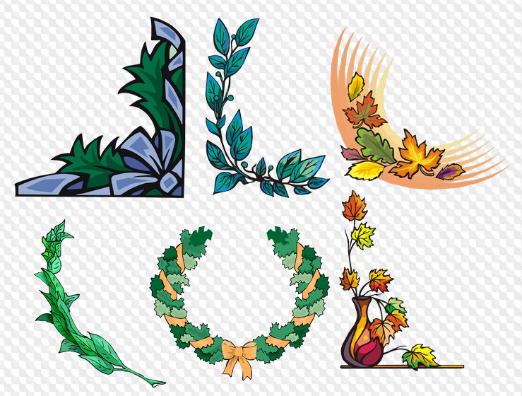45 PNG, Leaves banner, corner, curl, design elements on transparent