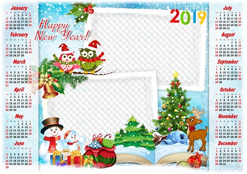 2019 Horizontal calendar frame Happy New Year!. Calendar for Photoshop.