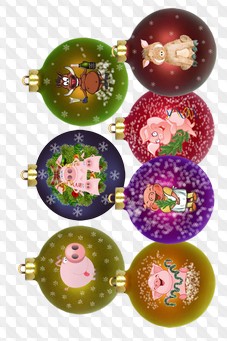 PSD, Seven PNG, Christmas balls with pig on transparent background