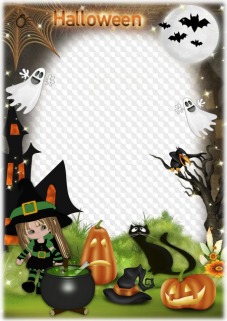 Children photo frame for Halloween with pumpkins, black cats and ghosts