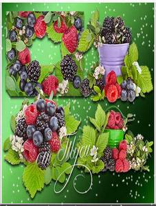 PSD, 4 PNG, raspberries and blueberries on transparent background