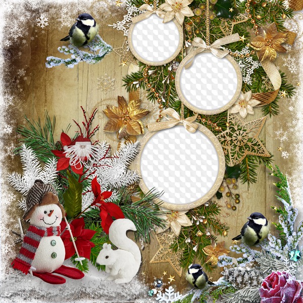 Free New Year PSD frame for 3 photo Golden New Year. Transparent PNG