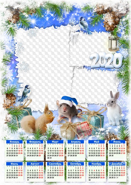 PSD, PNG, Кролик, белка, крыса, птицы, календарь 2020 на три фото