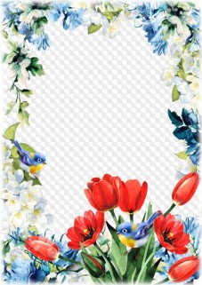 PNG, PSD, Red tulips and birds, photo frame