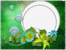 PSD, PNG, Green photo frame, with round cut for photo, green leaves, bubbles and flowers