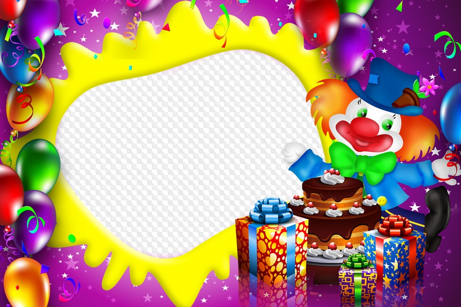 Happy Birthday! Photo frame with a clown and balloons.