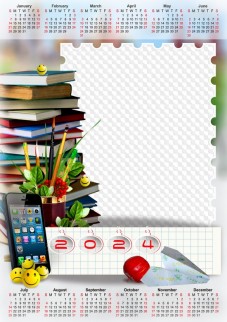 School supplies, 2024 photo frame Calendar for Photoshop, PNG, PSD.