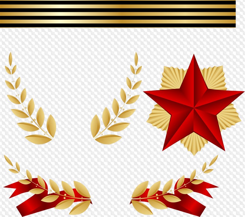 9 Мая PNG, PSD, Ленты, звезды, награды, декорации, салют, вечный огонь ...