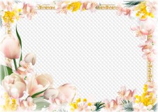 Happy Holiday or March 8 PSD frame (English, Russian - choice), tender flowers and beautiful birds